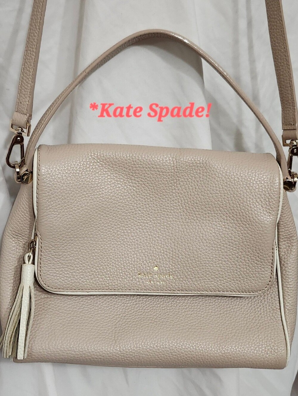 Kate Spade Taupe Pebbled Leather Shoulder Bag with Tassel